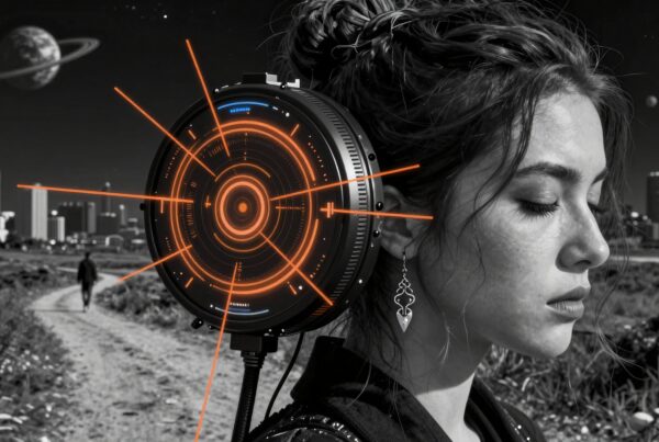 A woman with futuristic headgear stands against a cosmic city backdrop under a starry sky.