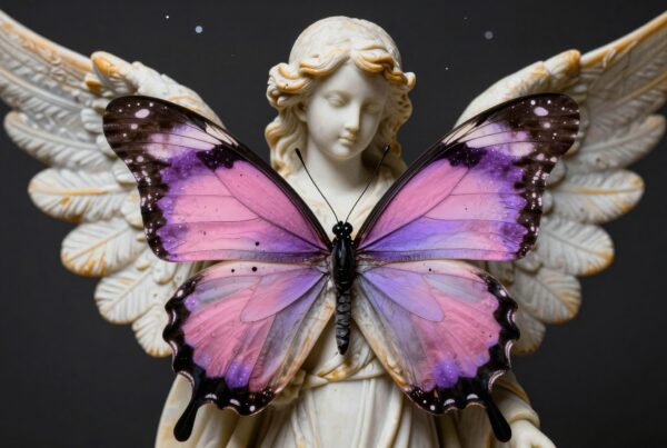 Sculpture of angel with butterfly wings.
