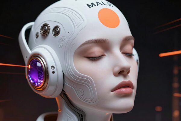 A humanoid robot with closed eyes and futuristic design.