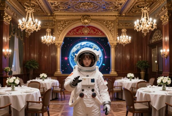 A lone astronaut in an opulent dining room with Earth displayed in the background.