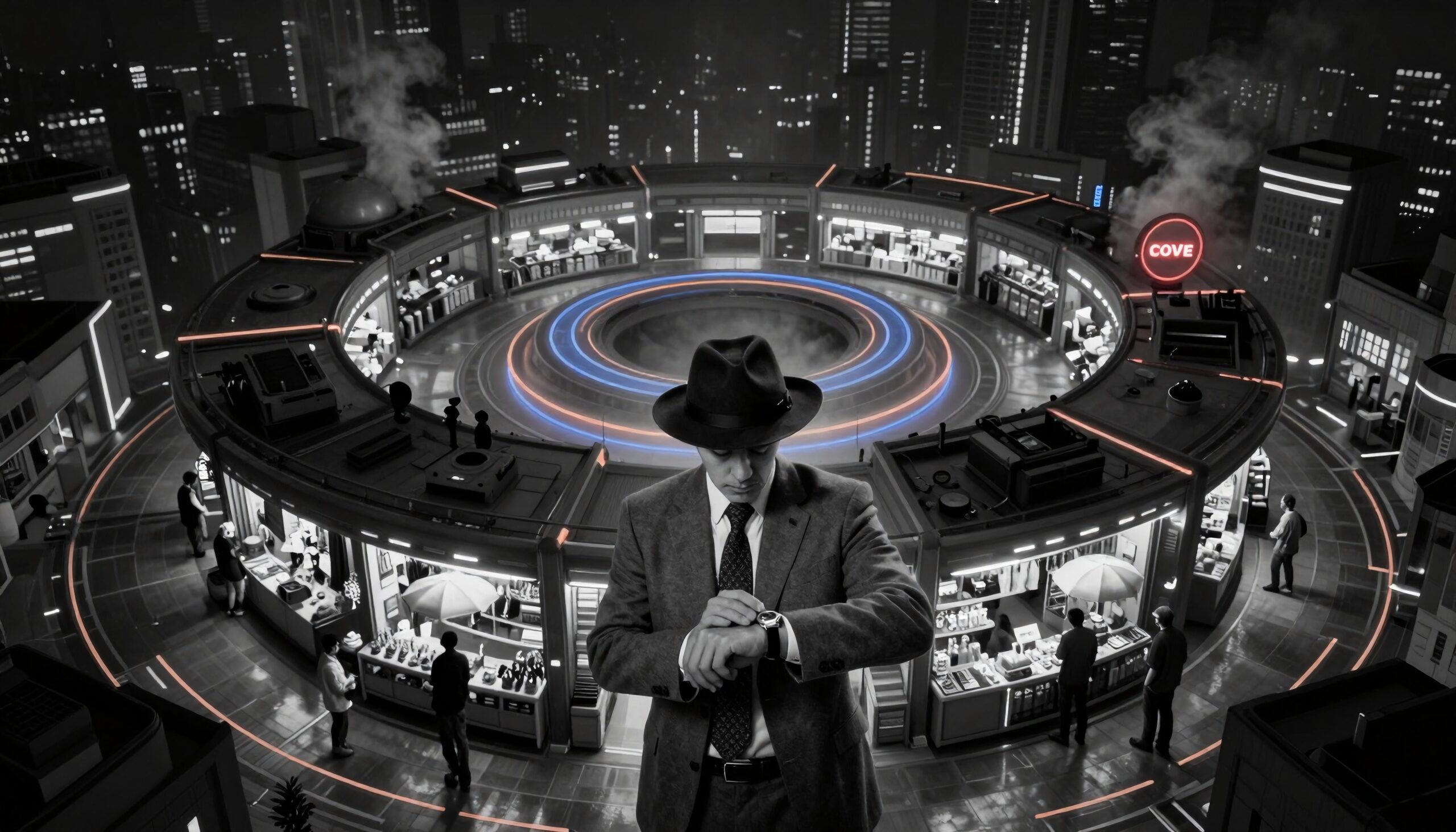 Futuristic noir cityscape market