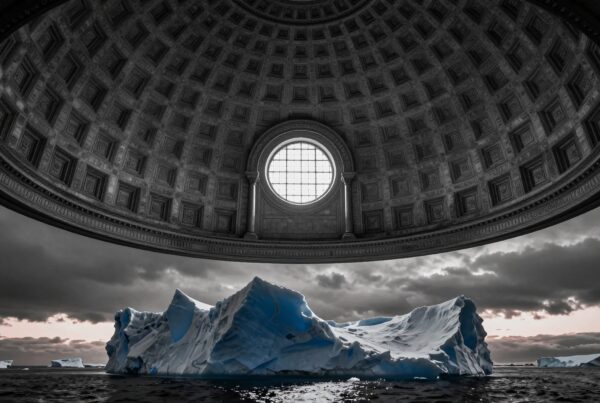 Surreal juxtaposition of iceberg and grand architecture with a contrasting dome ceiling.