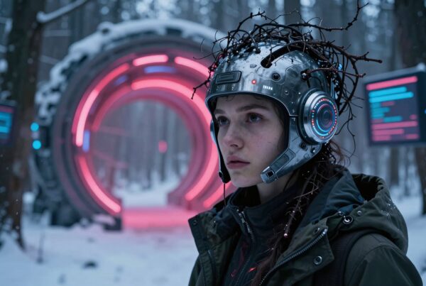 A young person wearing a high-tech helmet stands in a snowy forest, facing a glowing futuristic portal.