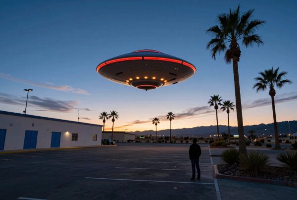 A large UFO hovers over a twilight parking lot with palm trees and silhouetted figure, creating a mysterious scene.