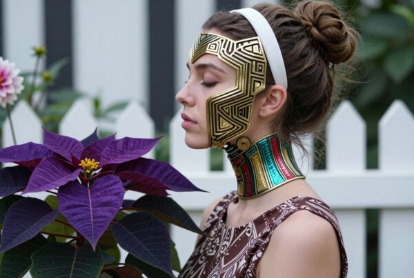 A woman with a geometric mask admires a purple poinsettia.