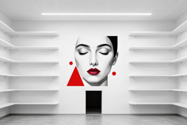 A minimalist room with shelves and a striking mural of a woman's face and red geometric shapes.
