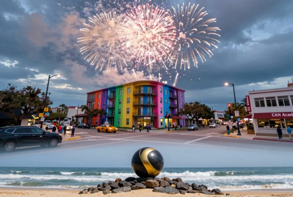 Vibrant rainbow building with fireworks overhead, contrasting with a dramatic evening sky and beach sculpture.