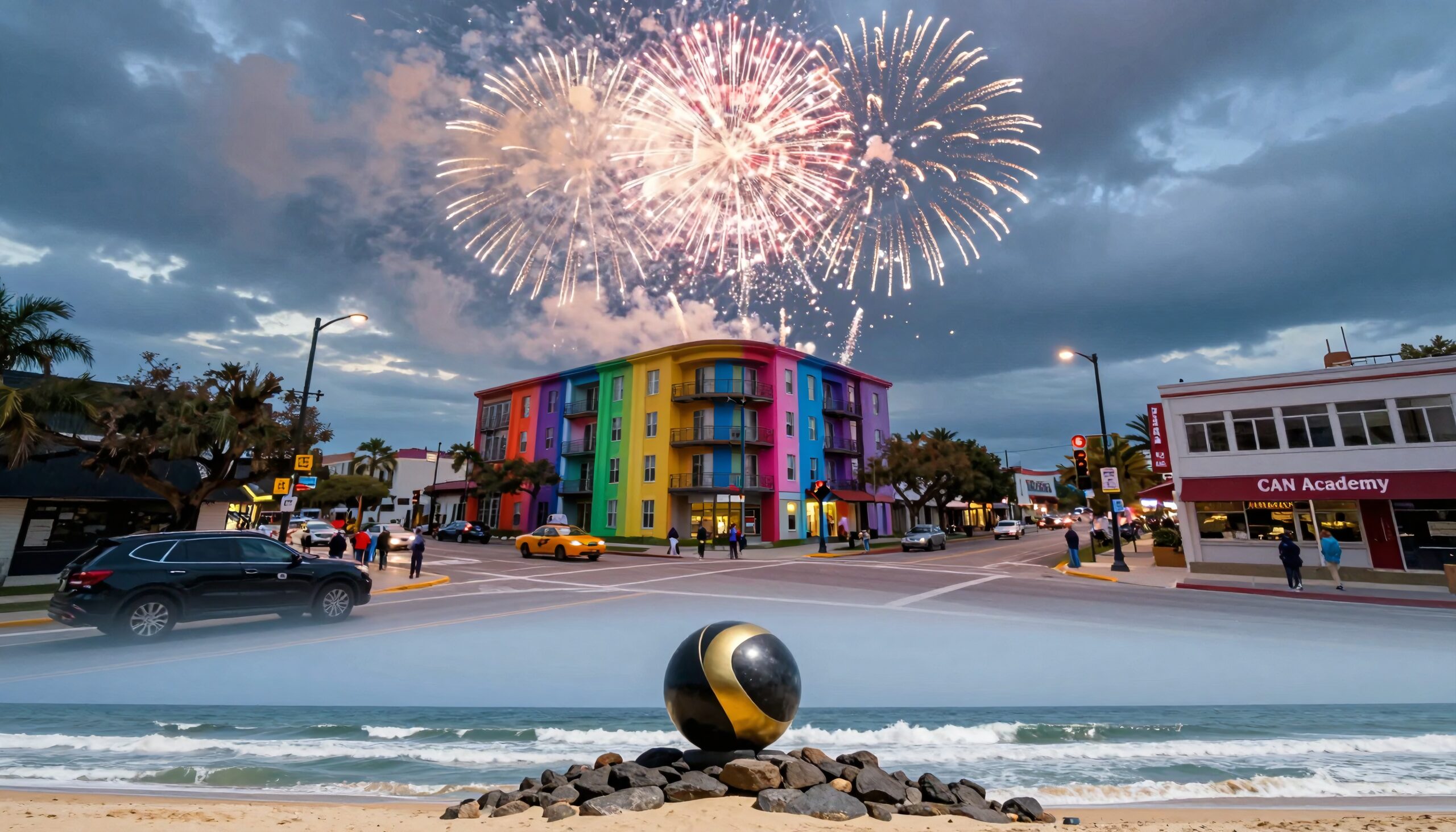 Colorful Cityscape with Fireworks Display