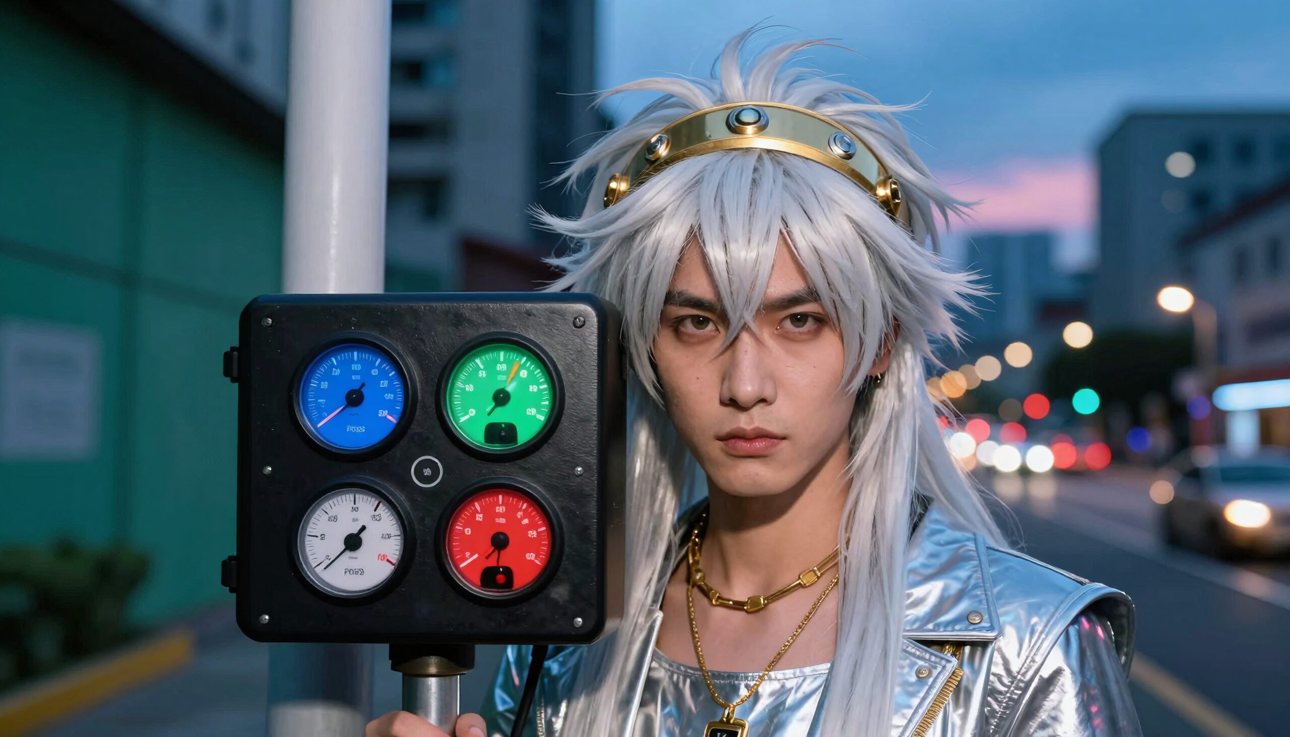 Futuristic cosplay in urban setting