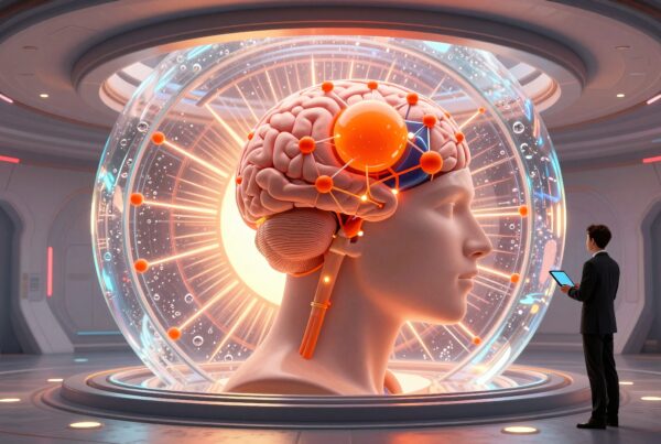 Detailed model of human brain in futuristic laboratory with digital analysis.