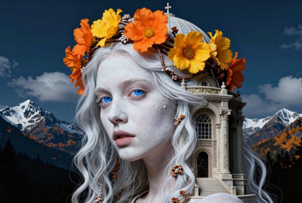 A mystical woman with a floral crown and vibrant eyes, set against a backdrop of majestic mountains and classical architecture.
