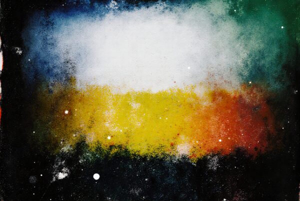 Abstract cosmic scene with vibrant colors, evoking wonder and intrigue with its galaxy-like appearance and scattered white specks.