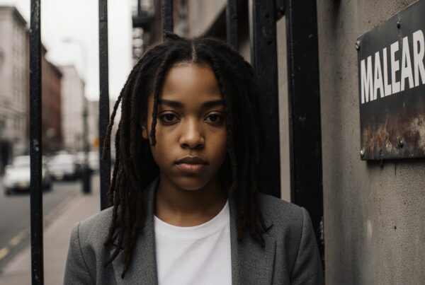 A serious young person with dreadlocks stands in a city street against an iron fence, wearing a grey blazer and white shirt.