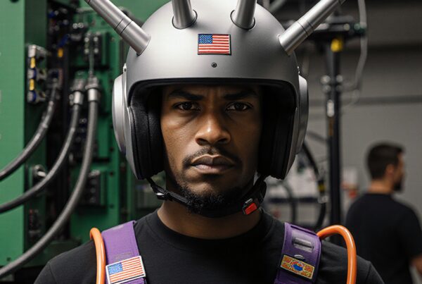 A person wearing a futuristic helmet with antenna extensions stands in a high-tech laboratory environment.