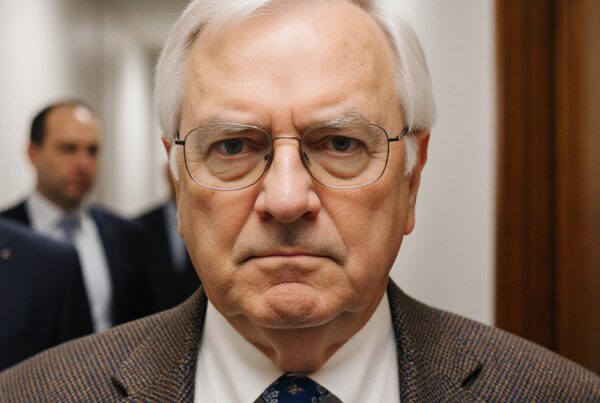 Portrait of an elderly man with glasses wearing a suit and tie, standing in a hallway.
