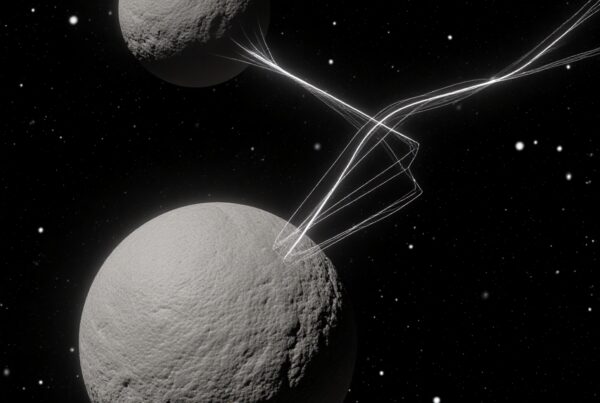 A cosmic scene with two moons linked by bright lines, set against a starry sky.