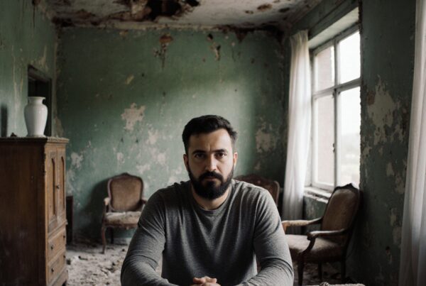 A man sits at a dusty table in a deteriorating, vintage room with peeling green walls and soft, natural light.