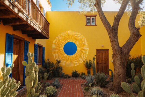 Vibrant courtyard with sunburst mural.