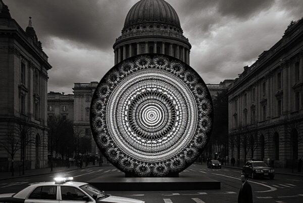 An intricate mandala pattern contrasts against a historic urban backdrop with a police car and pedestrian.