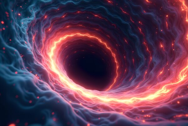 Image of a fiery cosmic vortex with vibrant swirling colors in space.