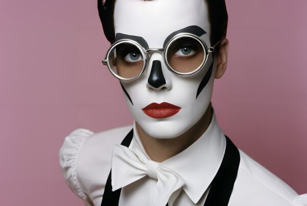 A person in monochrome face paint with round glasses, wearing a white shirt and black vest against a pink background.