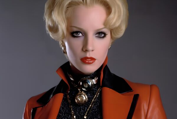 A woman with blonde hair in an orange leather jacket, bold makeup, and statement jewelry poses against a gray background.