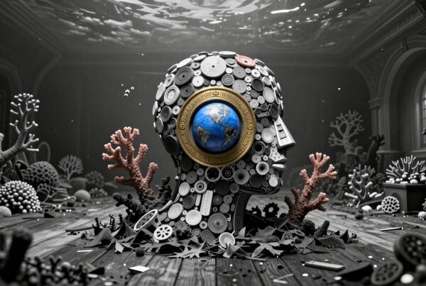 Sculpture of a mechanical head with a globe in an underwater environment, showcasing the fusion of nature and technology.