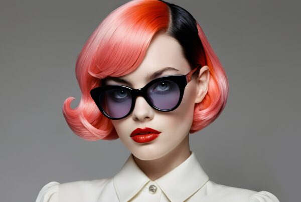 Woman with pink ombre hair and cat-eye sunglasses in a vintage white blouse.