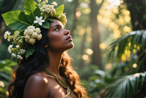 A woman adorned with flowers stands in a sunlit forest, evoking nature's tranquility.