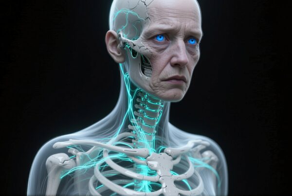 A detailed digital illustration of a humanoid cyborg with glowing blue eyes and visible mechanical anatomy.