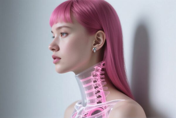 A modern portrait of a pink-haired woman with glowing anatomical features.
