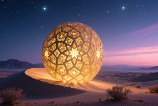 Illuminated patterned sphere in a desert landscape at twilight.