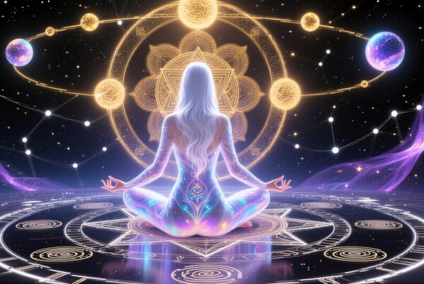 A figure meditates amidst celestial orbits, glowing patterns, and a radiant mandala in a cosmic setting.