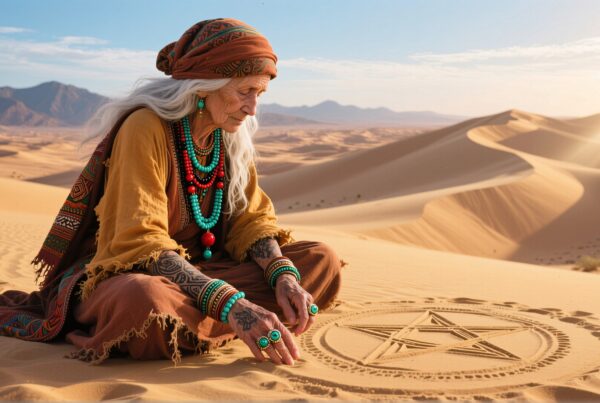 An elderly woman performs a ritual in a breathtaking desert landscape at sunset.