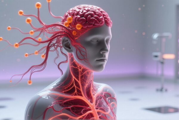 Futuristic rendition of human anatomy showing neural connections and brain.