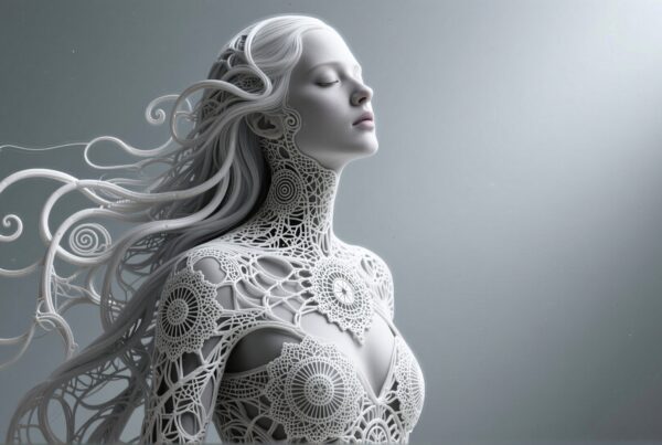 A serene figure adorned in intricate lace-like patterns with flowing hair and an ethereal ambiance.