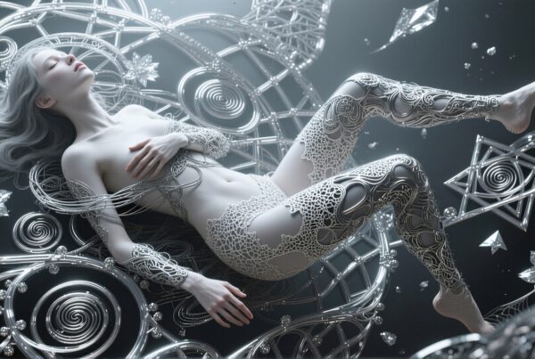 Surreal image of a woman floating within intricate metallic and lace-like patterns, embodying futuristic and ethereal aesthetics.