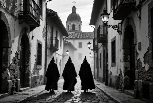 Mysterious figures walk down a historic cobblestone street lined with old architecture and illuminated by antique lamps.