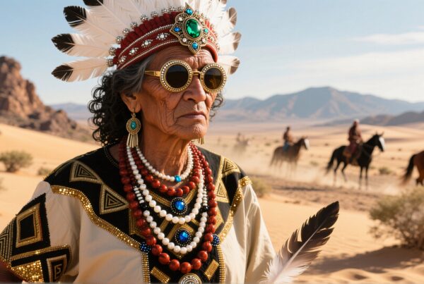 Elderly woman in traditional attire stands in a desert, wearing a beaded necklace and feathered headdress, with horseback riders in the background.