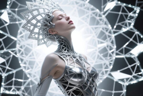 A woman in futuristic metallic attire with an intricate geometric design reflects elegance and modernity.