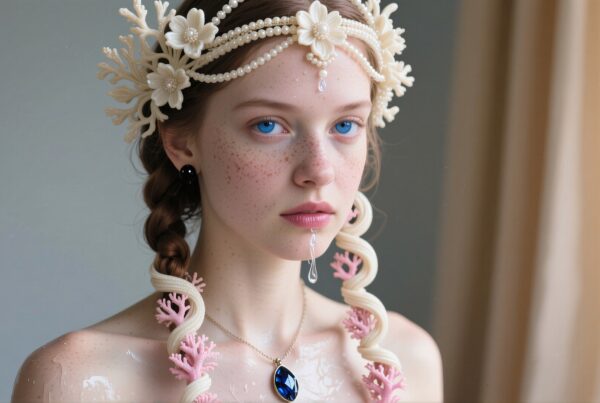 A serene portrait of a young woman with blue eyes, adorned with a floral headpiece and intricate coral-like elements.