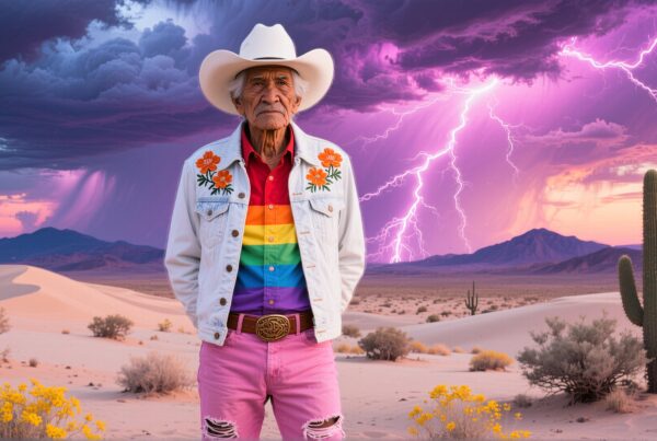 Elder in rainbow attire amidst dramatic desert lightning storm.