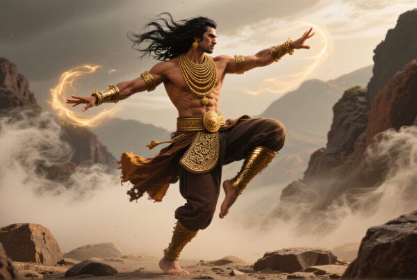 Epic fantasy warrior stands powerfully in enchanted, misty landscape with glowing light.