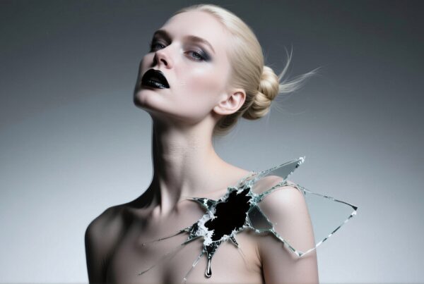Surreal portrait of a woman with dramatic makeup and shattered glass effect on her shoulder against a gradient background.