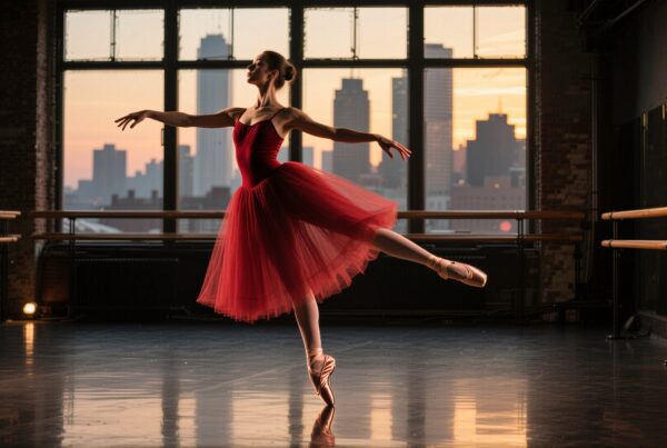 A ballerina poses gracefully in a dimly lit studio with a city skyline and sunset visible through large windows.