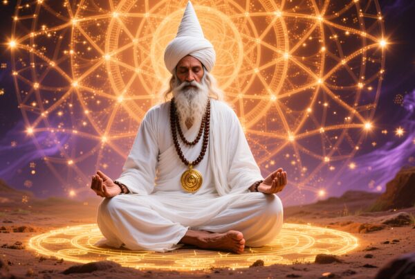 A man meditates with cosmic backdrop.