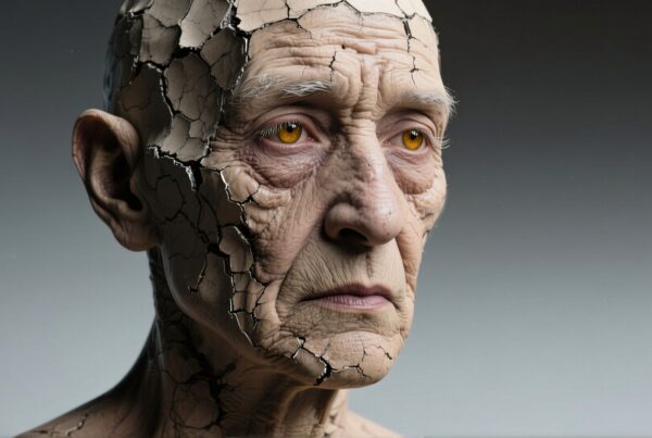 A detailed artistic portrait of an elderly person with cracked skin and striking golden eyes.