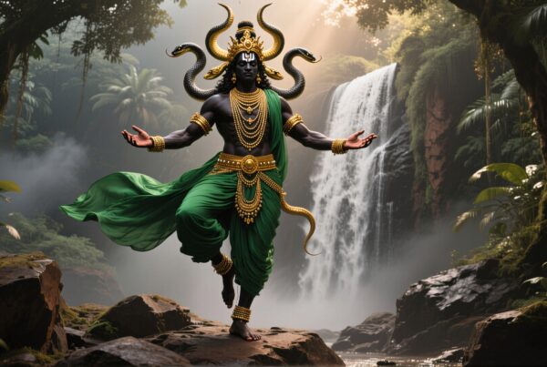 Mystical deity surrounded by jungle waterfall and serpents.