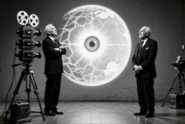 A dramatic scene of two elderly men in suits standing with vintage film cameras against a backdrop of a globe-eye, suggesting surveillance themes.