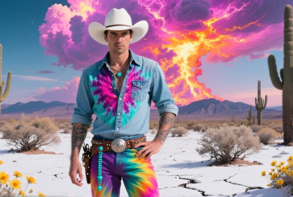 Cowboy in tie-dye stands in colorful desert with dramatic sky.